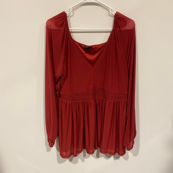 Torrid Dark Red‎ Burnt Orange Mesh Peasant Babydoll Top Size 2 - Picture 5 of 8